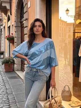 NWOT - Light Blue Sequin Stripe Top